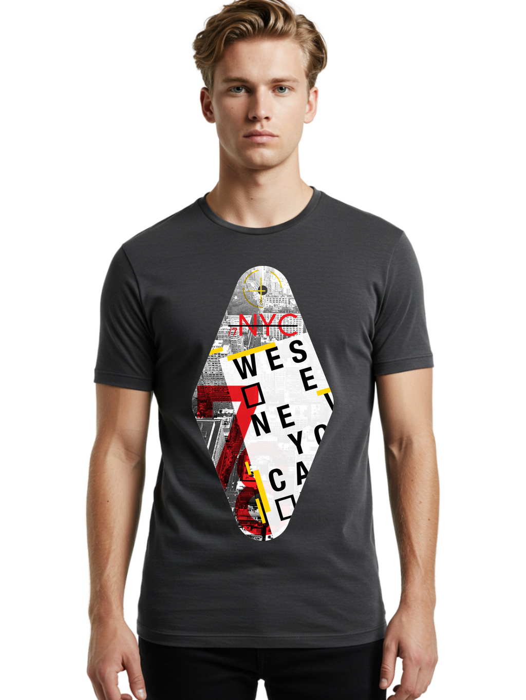 Nyc-West-New-York Men'S Graphic Tee, 100% Cotton, Comfortable Casual Summer Wear, Machine Washable, New York City, Cityscape, Urban Landscape, Abstract Art, Collage, Typography, Modern Design, City Views, Nyc Landmarks, Wesee Concept Aab646
