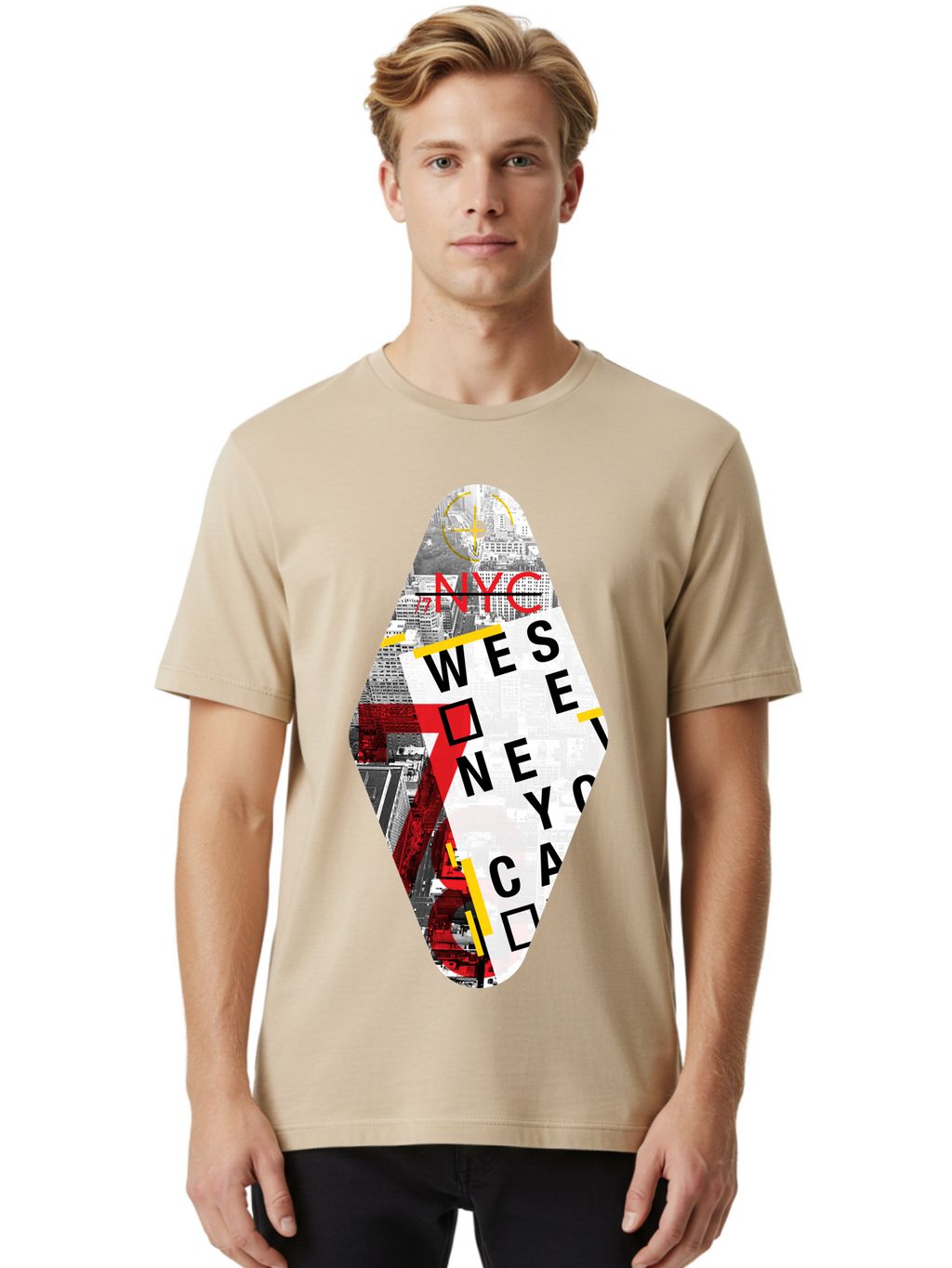 Nyc-West-New-York Men'S Graphic Tee, 100% Cotton, Comfortable Casual Summer Wear, Machine Washable, New York City, Cityscape, Urban Landscape, Abstract Art, Collage, Typography, Modern Design, City Views, Nyc Landmarks, Wesee Concept Aab646