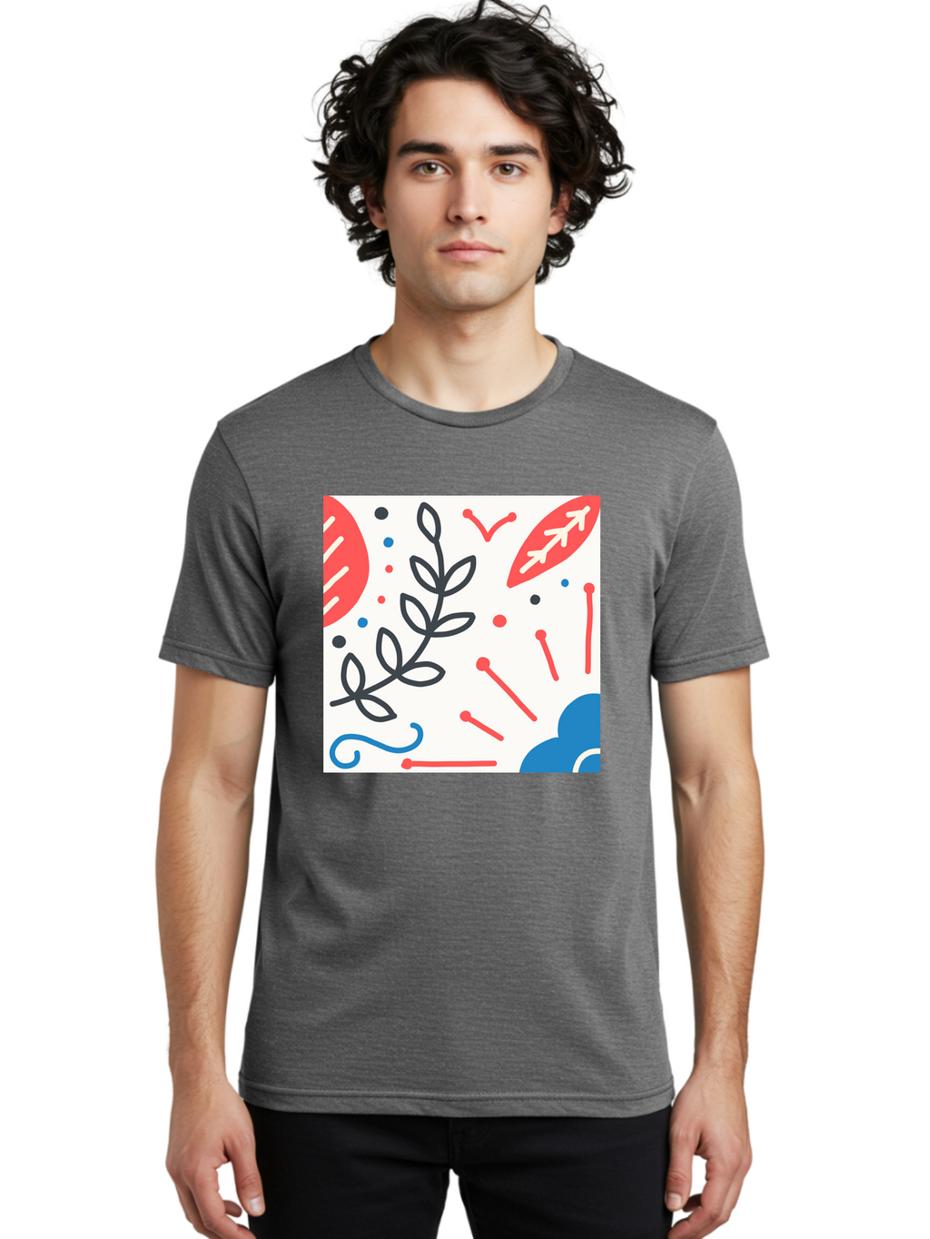 Abstract-Composition Men'S Graphic Tee, 100% Cotton, Comfortable Casual Summer Wear, Machine Washable, Abstract Floral Design, Minimalist Art, Red And Blue Accents, Simple Shapes, Creative Expression, Modern Aesthetic, Decorative Elements, Aab649