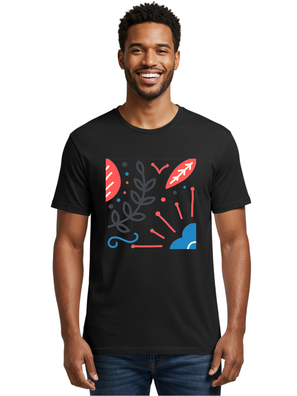 Abstract-Floral-Pattern-2 Men'S Graphic Tee, 100% Cotton, Comfortable Casual Summer Wear, Machine Washable, Memphis Pattern, Abstract Design, Colorful Shapes, Playful Art, Trendy Graphics, Modern Illustration, Vibrant Leaves, Aab651