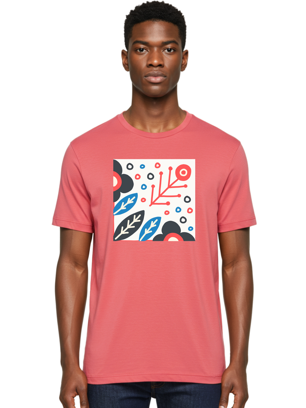 Abstract-Floral-Pattern Men'S Graphic Tee, 100% Cotton, Comfortable Casual Summer Wear, Machine Washable, Stylized Floral Pattern, Abstract Design, Red, Blue, Black, And White Hues, Leafy Elements, Circular Motifs, Modern Art, Graphic Design, Aab652