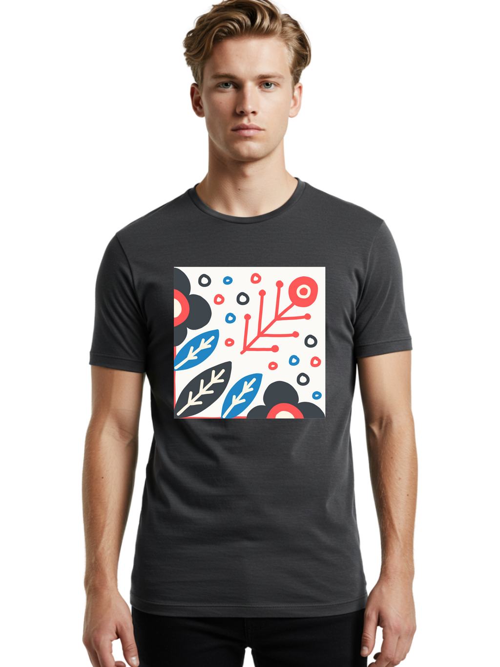 Abstract-Floral-Pattern Men'S Graphic Tee, 100% Cotton, Comfortable Casual Summer Wear, Machine Washable, Stylized Floral Pattern, Abstract Design, Red, Blue, Black, And White Hues, Leafy Elements, Circular Motifs, Modern Art, Graphic Design, Aab652