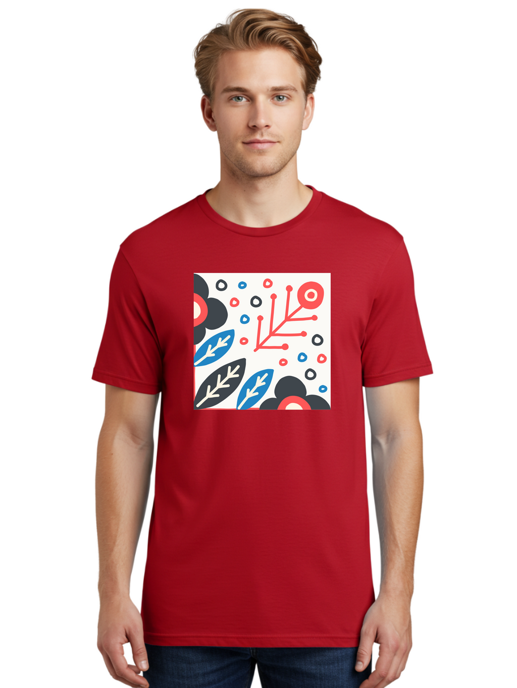 Abstract-Floral-Pattern Men'S Graphic Tee, 100% Cotton, Comfortable Casual Summer Wear, Machine Washable, Stylized Floral Pattern, Abstract Design, Red, Blue, Black, And White Hues, Leafy Elements, Circular Motifs, Modern Art, Graphic Design, Aab652