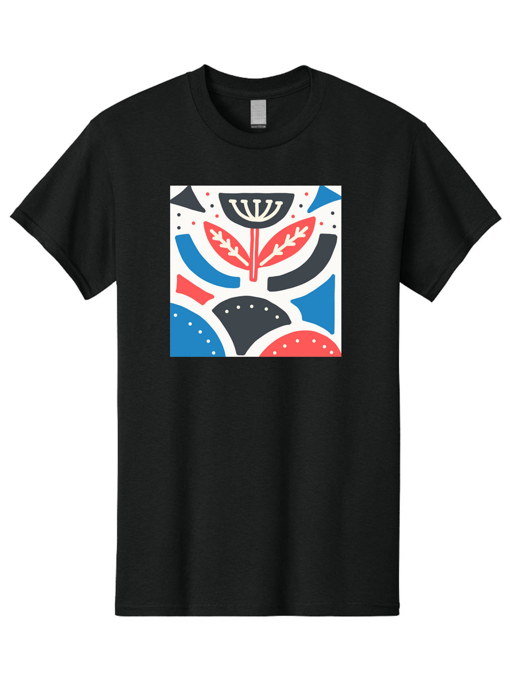 Abstract-Flower-1 Men'S Graphic Tee, 100% Cotton, Comfortable Casual Summer Wear, Machine Washable, Stylized Flower, Abstract Shapes, Red And Blue Hues, Black And White Accents, Modern Art, Graphic Design, Artistic Expression, Aab653
