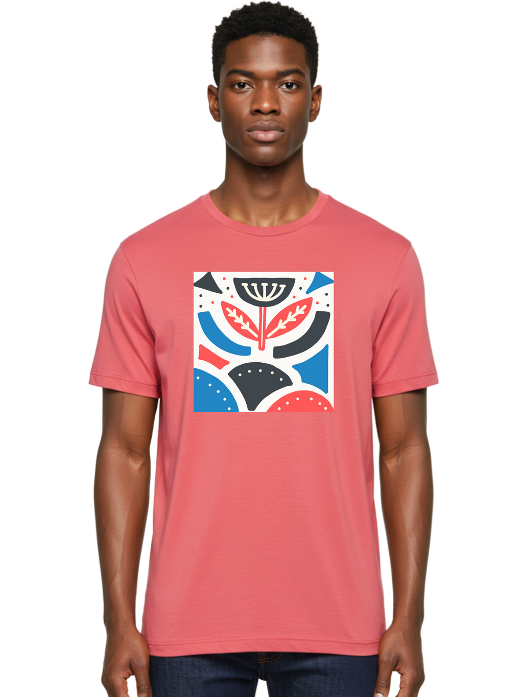Abstract-Flower-1 Men'S Graphic Tee, 100% Cotton, Comfortable Casual Summer Wear, Machine Washable, Stylized Flower, Abstract Shapes, Red And Blue Hues, Black And White Accents, Modern Art, Graphic Design, Artistic Expression, Aab653
