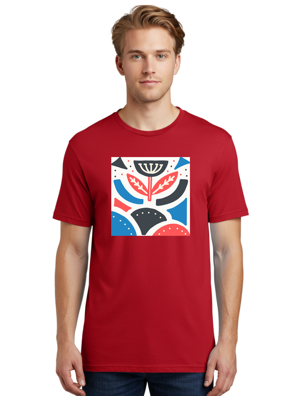 Abstract-Flower-1 Men'S Graphic Tee, 100% Cotton, Comfortable Casual Summer Wear, Machine Washable, Stylized Flower, Abstract Shapes, Red And Blue Hues, Black And White Accents, Modern Art, Graphic Design, Artistic Expression, Aab653