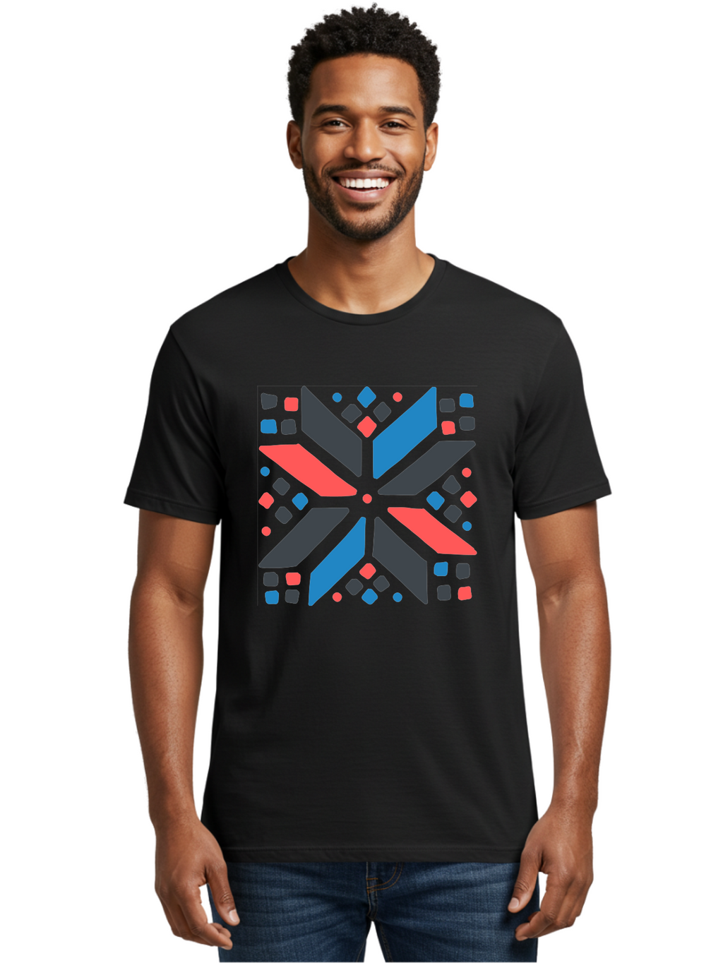 Abstract-Geometric-Pattern Men'S Graphic Tee, 100% Cotton, Comfortable Casual Summer Wear, Machine Washable, Geometric Shapes, Symmetrical Design, Abstract Art, Vibrant Colors, Red, Blue, Black, Bold Graphics, Modern Design, Dynamic Pattern, Aab655