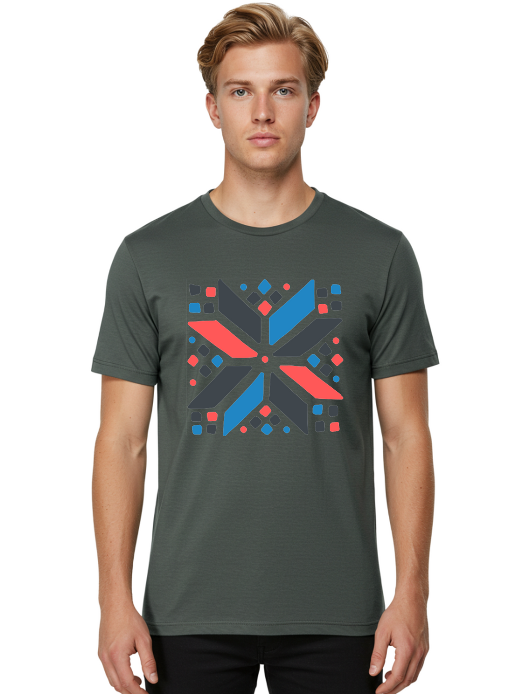 Abstract-Geometric-Pattern Men'S Graphic Tee, 100% Cotton, Comfortable Casual Summer Wear, Machine Washable, Geometric Shapes, Symmetrical Design, Abstract Art, Vibrant Colors, Red, Blue, Black, Bold Graphics, Modern Design, Dynamic Pattern, Aab655