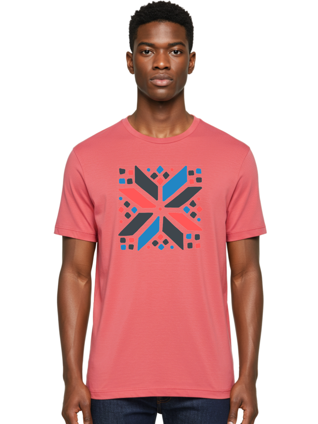 Abstract-Geometric-Pattern Men'S Graphic Tee, 100% Cotton, Comfortable Casual Summer Wear, Machine Washable, Geometric Shapes, Symmetrical Design, Abstract Art, Vibrant Colors, Red, Blue, Black, Bold Graphics, Modern Design, Dynamic Pattern, Aab655