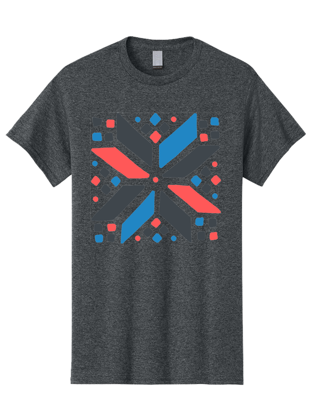 Abstract-Geometric-Pattern Men'S Graphic Tee, 100% Cotton, Comfortable Casual Summer Wear, Machine Washable, Geometric Shapes, Symmetrical Design, Abstract Art, Vibrant Colors, Red, Blue, Black, Bold Graphics, Modern Design, Dynamic Pattern, Aab655