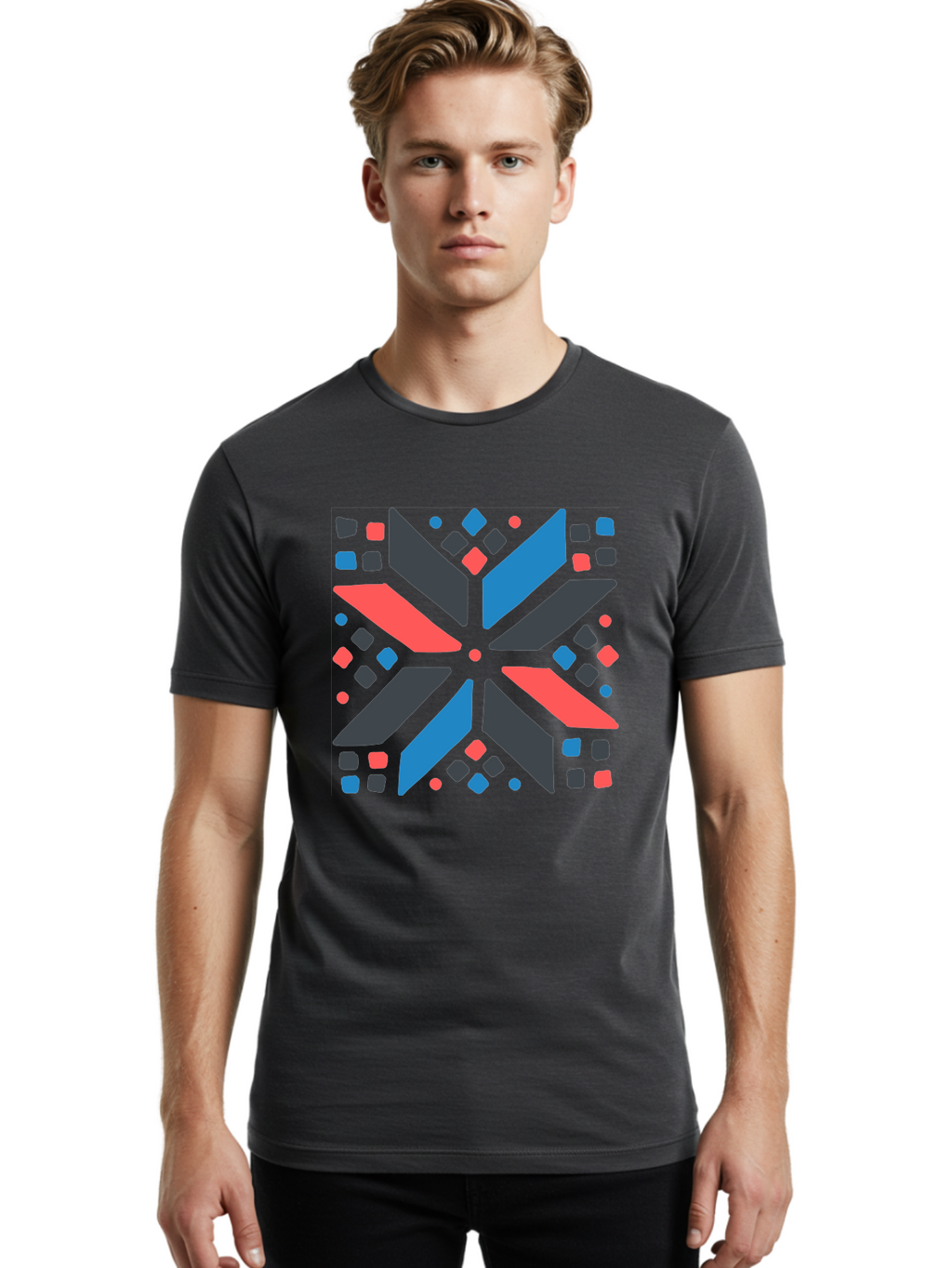 Abstract-Geometric-Pattern Men'S Graphic Tee, 100% Cotton, Comfortable Casual Summer Wear, Machine Washable, Geometric Shapes, Symmetrical Design, Abstract Art, Vibrant Colors, Red, Blue, Black, Bold Graphics, Modern Design, Dynamic Pattern, Aab655