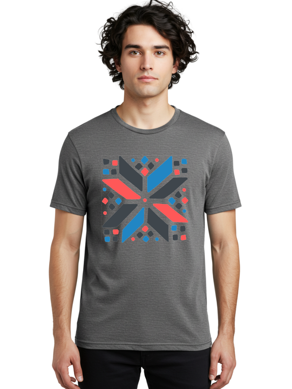 Abstract-Geometric-Pattern Men'S Graphic Tee, 100% Cotton, Comfortable Casual Summer Wear, Machine Washable, Geometric Shapes, Symmetrical Design, Abstract Art, Vibrant Colors, Red, Blue, Black, Bold Graphics, Modern Design, Dynamic Pattern, Aab655