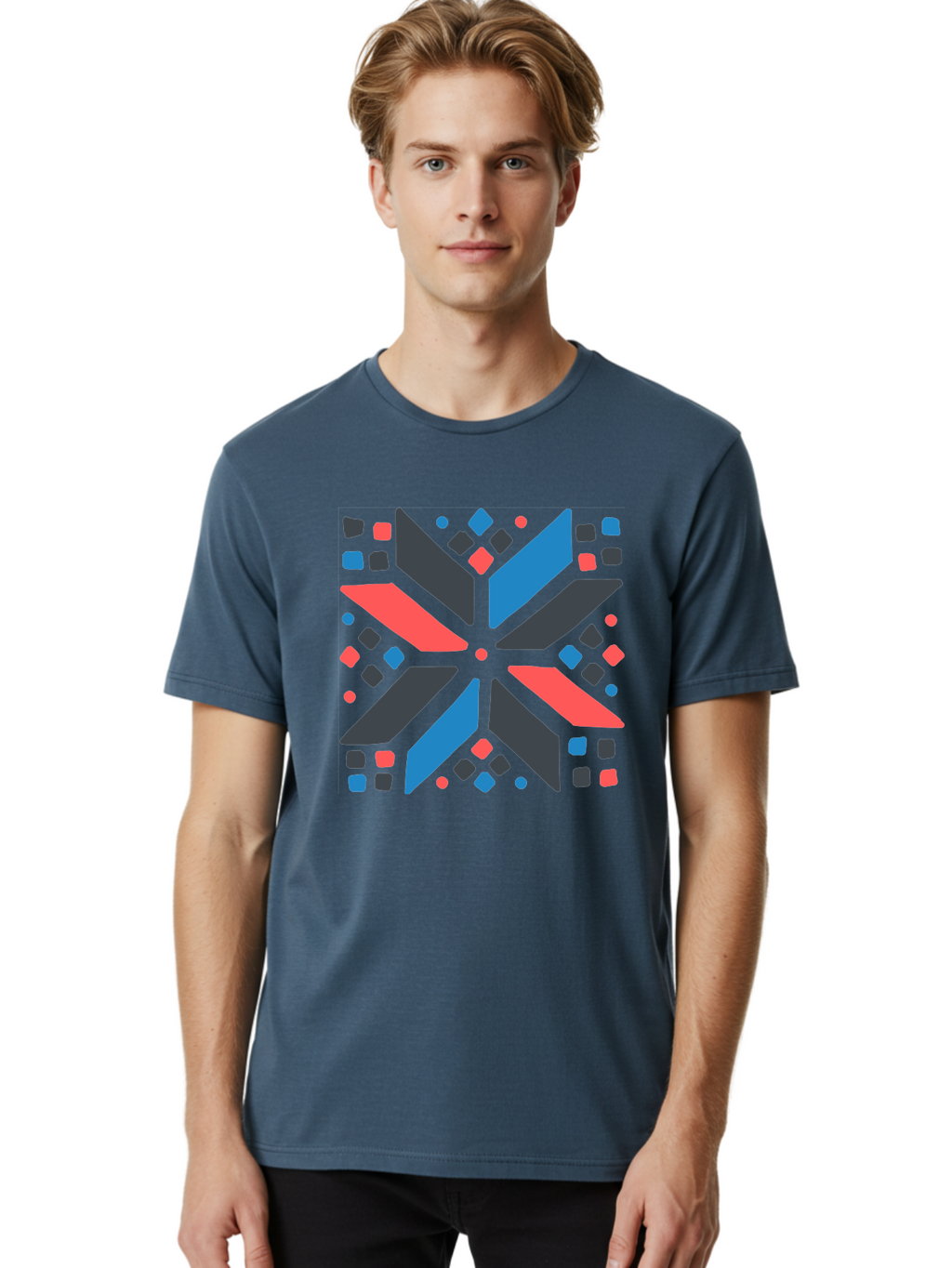 Abstract-Geometric-Pattern Men'S Graphic Tee, 100% Cotton, Comfortable Casual Summer Wear, Machine Washable, Geometric Shapes, Symmetrical Design, Abstract Art, Vibrant Colors, Red, Blue, Black, Bold Graphics, Modern Design, Dynamic Pattern, Aab655
