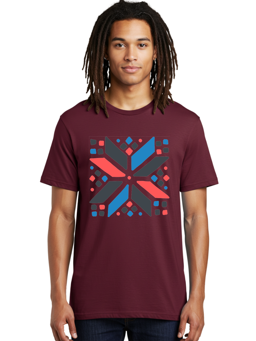 Abstract-Geometric-Pattern Men'S Graphic Tee, 100% Cotton, Comfortable Casual Summer Wear, Machine Washable, Geometric Shapes, Symmetrical Design, Abstract Art, Vibrant Colors, Red, Blue, Black, Bold Graphics, Modern Design, Dynamic Pattern, Aab655