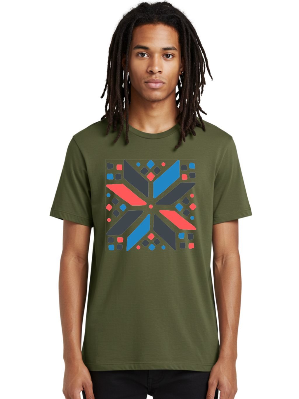 Abstract-Geometric-Pattern Men'S Graphic Tee, 100% Cotton, Comfortable Casual Summer Wear, Machine Washable, Geometric Shapes, Symmetrical Design, Abstract Art, Vibrant Colors, Red, Blue, Black, Bold Graphics, Modern Design, Dynamic Pattern, Aab655