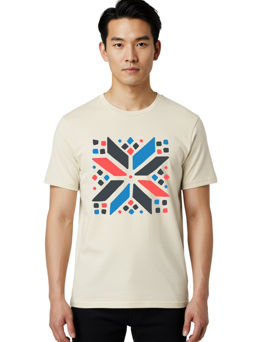 Abstract-Geometric-Pattern Men'S Graphic Tee, 100% Cotton, Comfortable Casual Summer Wear, Machine Washable, Geometric Shapes, Symmetrical Design, Abstract Art, Vibrant Colors, Red, Blue, Black, Bold Graphics, Modern Design, Dynamic Pattern, Aab655