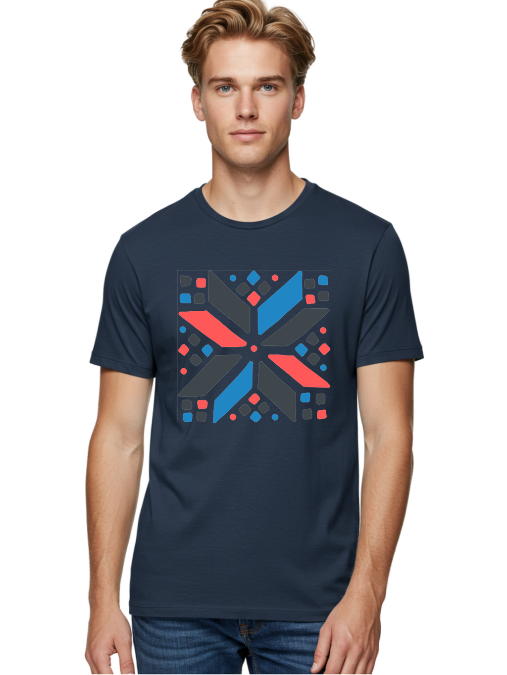 Abstract-Geometric-Pattern Men'S Graphic Tee, 100% Cotton, Comfortable Casual Summer Wear, Machine Washable, Geometric Shapes, Symmetrical Design, Abstract Art, Vibrant Colors, Red, Blue, Black, Bold Graphics, Modern Design, Dynamic Pattern, Aab655
