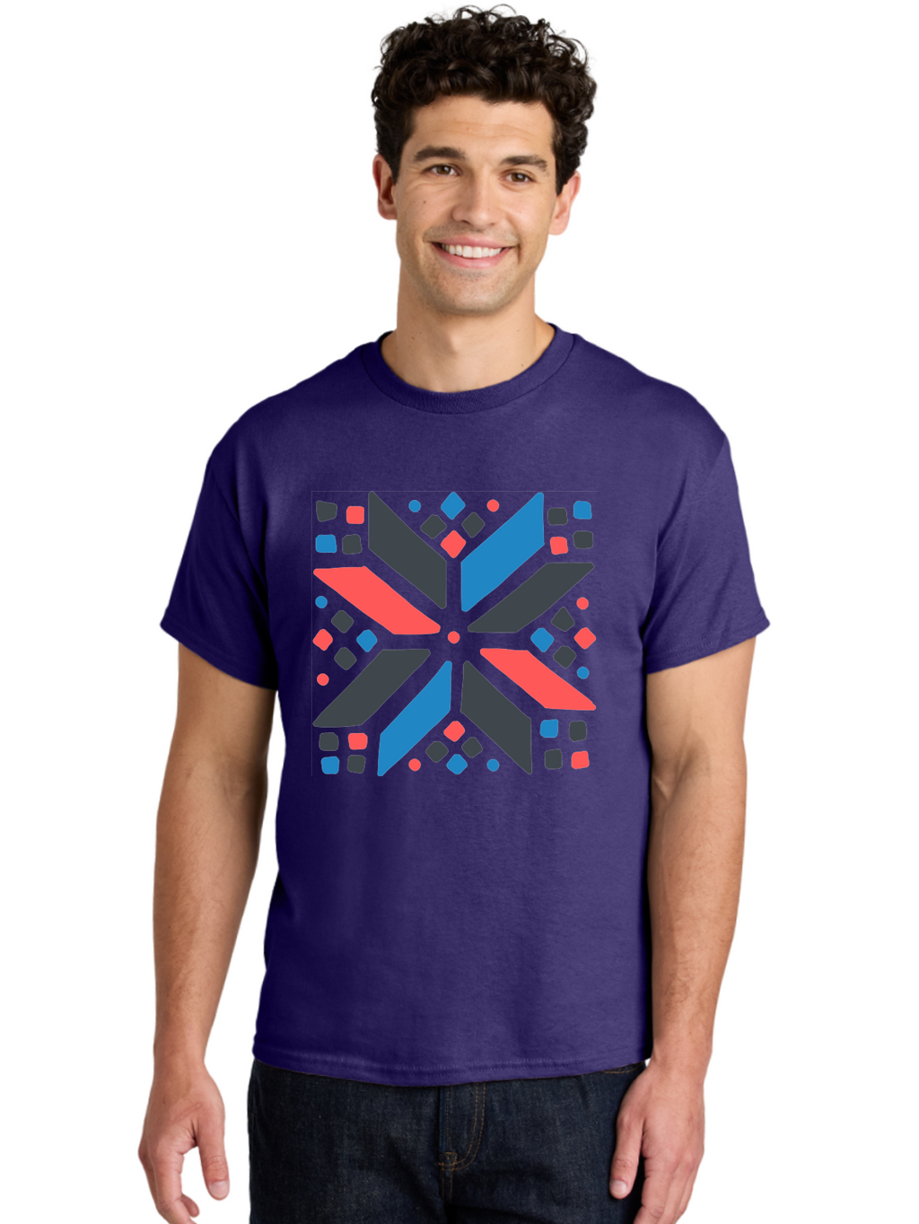 Abstract-Geometric-Pattern Men'S Graphic Tee, 100% Cotton, Comfortable Casual Summer Wear, Machine Washable, Geometric Shapes, Symmetrical Design, Abstract Art, Vibrant Colors, Red, Blue, Black, Bold Graphics, Modern Design, Dynamic Pattern, Aab655