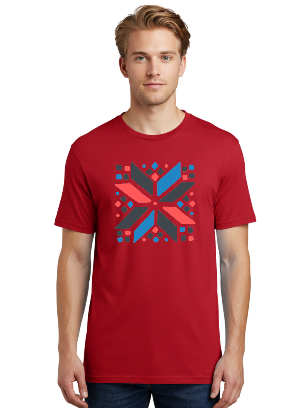 Abstract-Geometric-Pattern Men'S Graphic Tee, 100% Cotton, Comfortable Casual Summer Wear, Machine Washable, Geometric Shapes, Symmetrical Design, Abstract Art, Vibrant Colors, Red, Blue, Black, Bold Graphics, Modern Design, Dynamic Pattern, Aab655