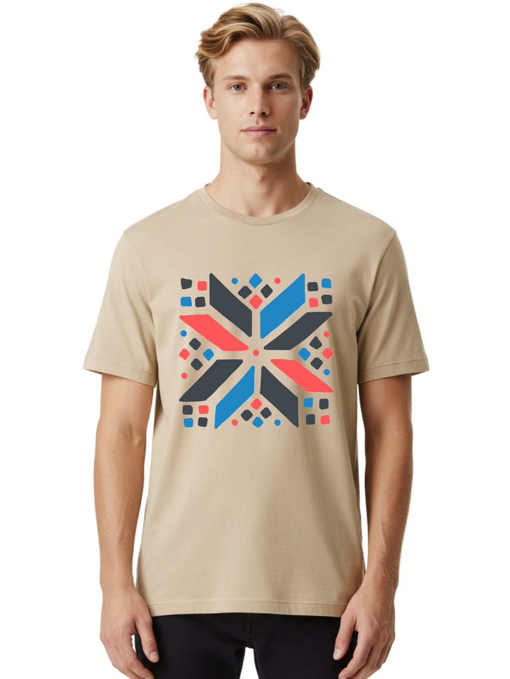 Abstract-Geometric-Pattern Men'S Graphic Tee, 100% Cotton, Comfortable Casual Summer Wear, Machine Washable, Geometric Shapes, Symmetrical Design, Abstract Art, Vibrant Colors, Red, Blue, Black, Bold Graphics, Modern Design, Dynamic Pattern, Aab655