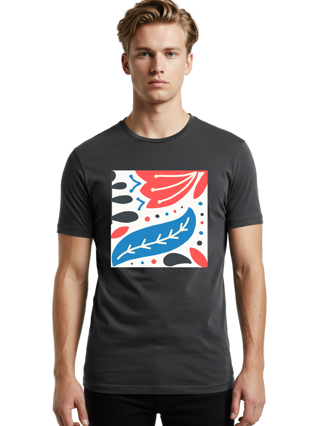 Abstract-Leaves-1 Men'S Graphic Tee, 100% Cotton, Comfortable Casual Summer Wear, Machine Washable, Abstract Leaf Pattern, Modern Design, Colorful Shapes, Red And Blue Leaves, Black Ovals, Scattered Dots, Artistic Expression, Creative Design, Aab657