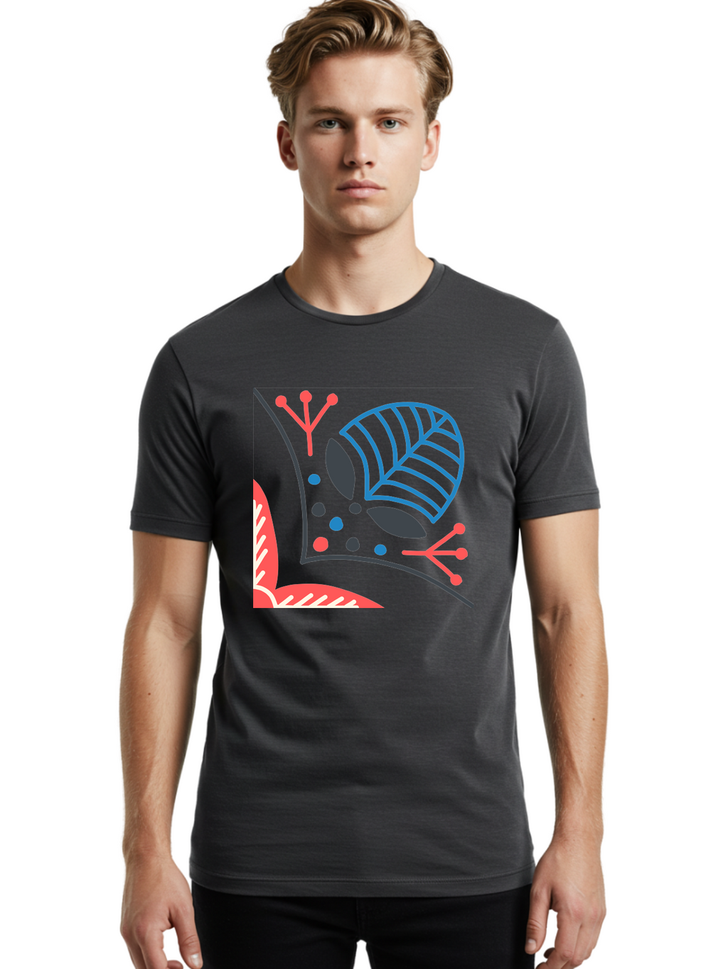 Abstract-Leaves Men'S Graphic Tee, 100% Cotton, Comfortable Casual Summer Wear, Machine Washable, Stylized Leaf, Abstract Foliage, Vibrant Colors, Playful Patterns, Blue Lines, Red Accents, Black Dots, Graphic Design Elements, Modern Art, Aab658