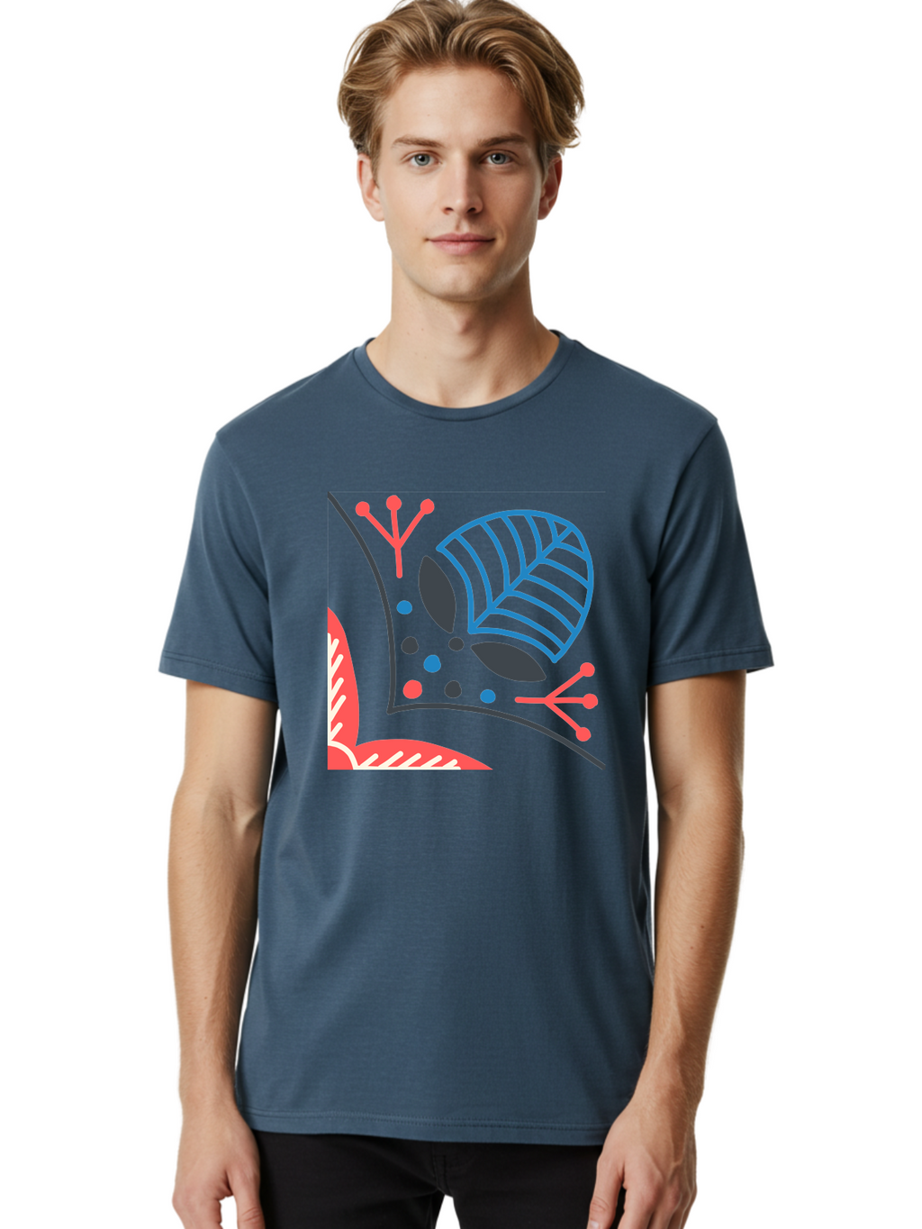 Abstract-Leaves Men'S Graphic Tee, 100% Cotton, Comfortable Casual Summer Wear, Machine Washable, Stylized Leaf, Abstract Foliage, Vibrant Colors, Playful Patterns, Blue Lines, Red Accents, Black Dots, Graphic Design Elements, Modern Art, Aab658