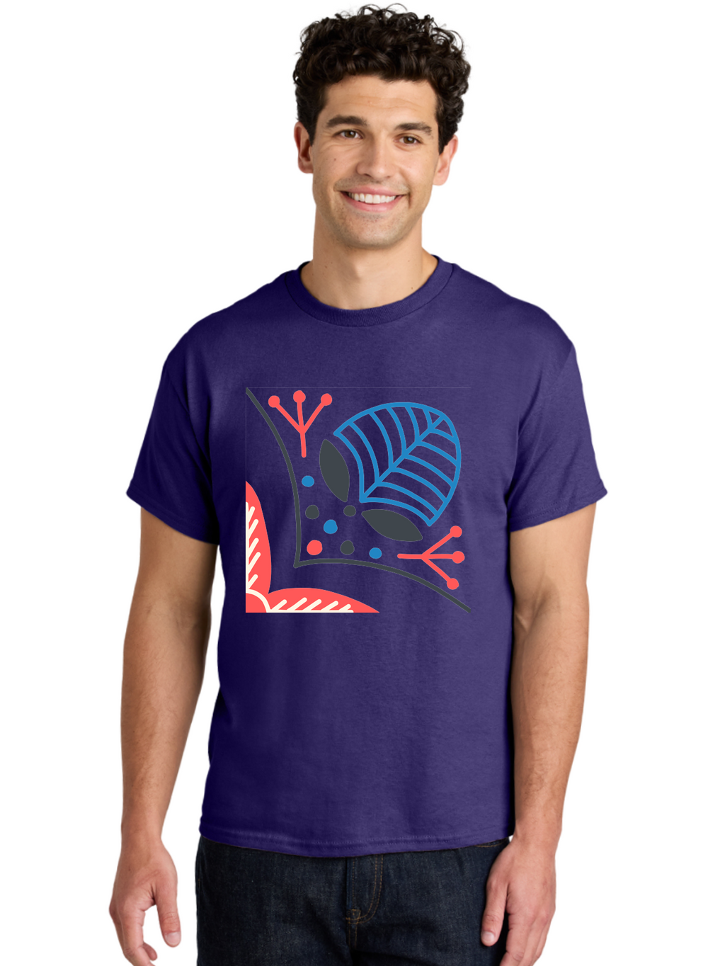 Abstract-Leaves Men'S Graphic Tee, 100% Cotton, Comfortable Casual Summer Wear, Machine Washable, Stylized Leaf, Abstract Foliage, Vibrant Colors, Playful Patterns, Blue Lines, Red Accents, Black Dots, Graphic Design Elements, Modern Art, Aab658