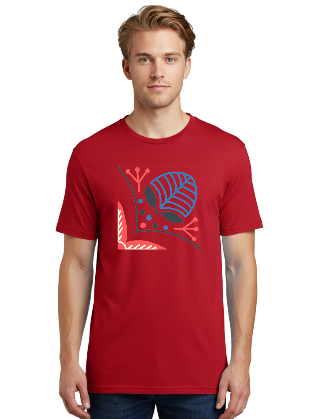 Abstract-Leaves Men'S Graphic Tee, 100% Cotton, Comfortable Casual Summer Wear, Machine Washable, Stylized Leaf, Abstract Foliage, Vibrant Colors, Playful Patterns, Blue Lines, Red Accents, Black Dots, Graphic Design Elements, Modern Art, Aab658