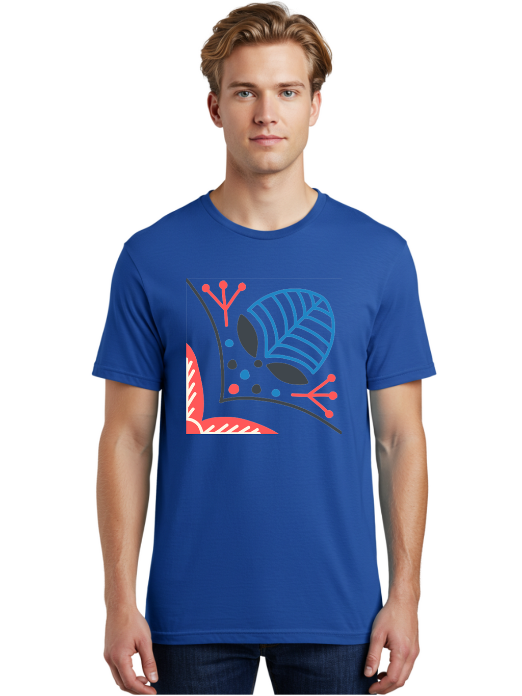 Abstract-Leaves Men'S Graphic Tee, 100% Cotton, Comfortable Casual Summer Wear, Machine Washable, Stylized Leaf, Abstract Foliage, Vibrant Colors, Playful Patterns, Blue Lines, Red Accents, Black Dots, Graphic Design Elements, Modern Art, Aab658