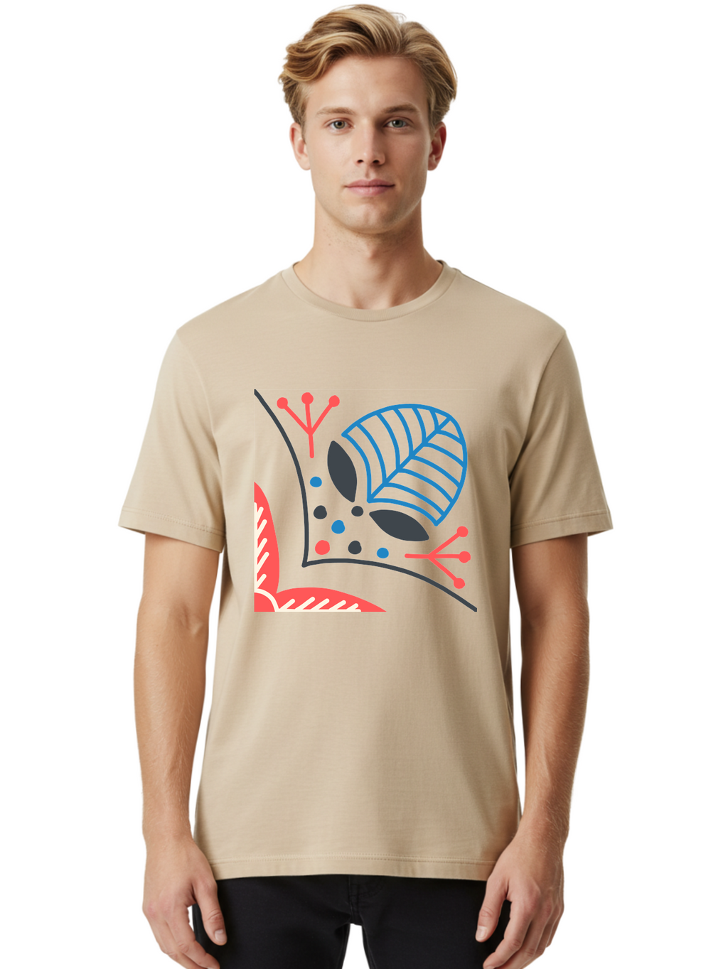 Abstract-Leaves Men'S Graphic Tee, 100% Cotton, Comfortable Casual Summer Wear, Machine Washable, Stylized Leaf, Abstract Foliage, Vibrant Colors, Playful Patterns, Blue Lines, Red Accents, Black Dots, Graphic Design Elements, Modern Art, Aab658