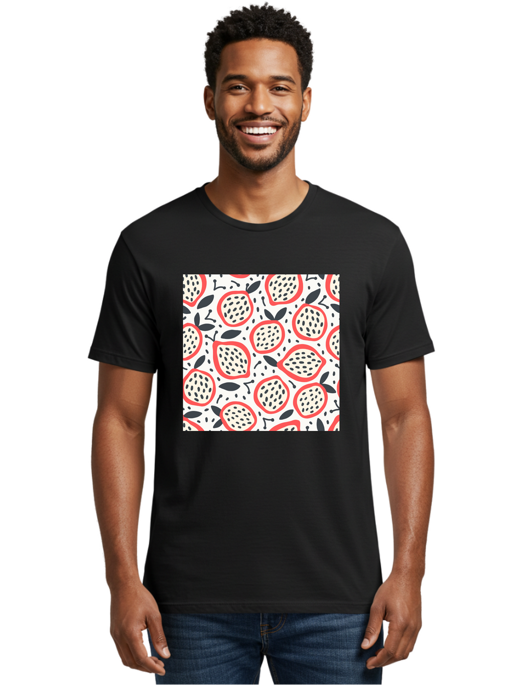 Apples-Pattern Men'S Graphic Tee, 100% Cotton, Comfortable Casual Summer Wear, Machine Washable, Lemon Pattern, Citrus Fruits, Red Outline, Black Seeds, Gray Leaves, White Background, Seamless Design, Fruit Illustration, Summery Vibe, Aab659