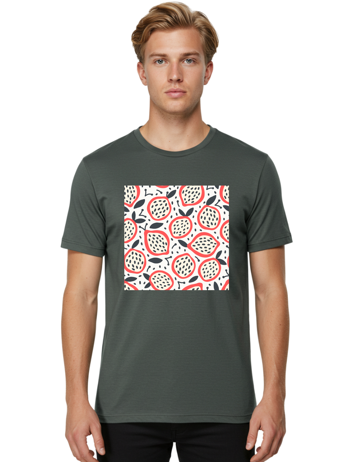 Apples-Pattern Men'S Graphic Tee, 100% Cotton, Comfortable Casual Summer Wear, Machine Washable, Lemon Pattern, Citrus Fruits, Red Outline, Black Seeds, Gray Leaves, White Background, Seamless Design, Fruit Illustration, Summery Vibe, Aab659