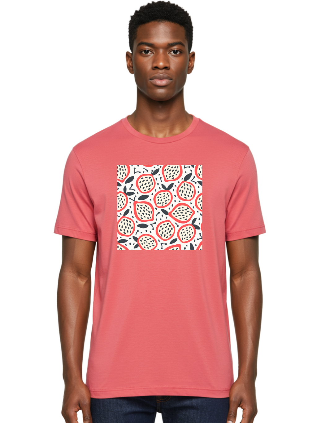Apples-Pattern Men'S Graphic Tee, 100% Cotton, Comfortable Casual Summer Wear, Machine Washable, Lemon Pattern, Citrus Fruits, Red Outline, Black Seeds, Gray Leaves, White Background, Seamless Design, Fruit Illustration, Summery Vibe, Aab659