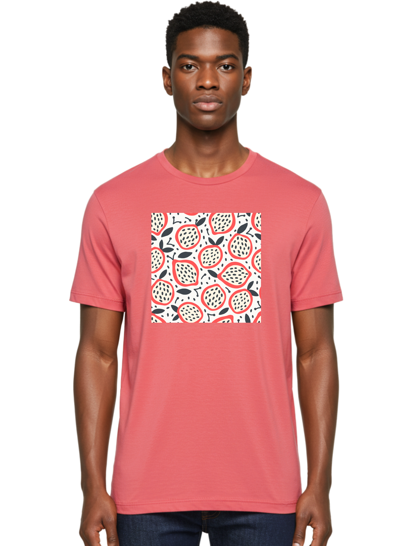 Apples-Pattern Men'S Graphic Tee, 100% Cotton, Comfortable Casual Summer Wear, Machine Washable, Lemon Pattern, Citrus Fruits, Red Outline, Black Seeds, Gray Leaves, White Background, Seamless Design, Fruit Illustration, Summery Vibe, Aab659