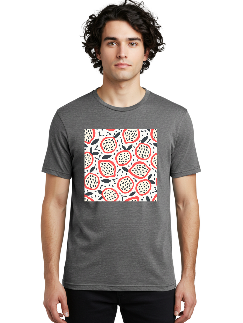 Apples-Pattern Men'S Graphic Tee, 100% Cotton, Comfortable Casual Summer Wear, Machine Washable, Lemon Pattern, Citrus Fruits, Red Outline, Black Seeds, Gray Leaves, White Background, Seamless Design, Fruit Illustration, Summery Vibe, Aab659
