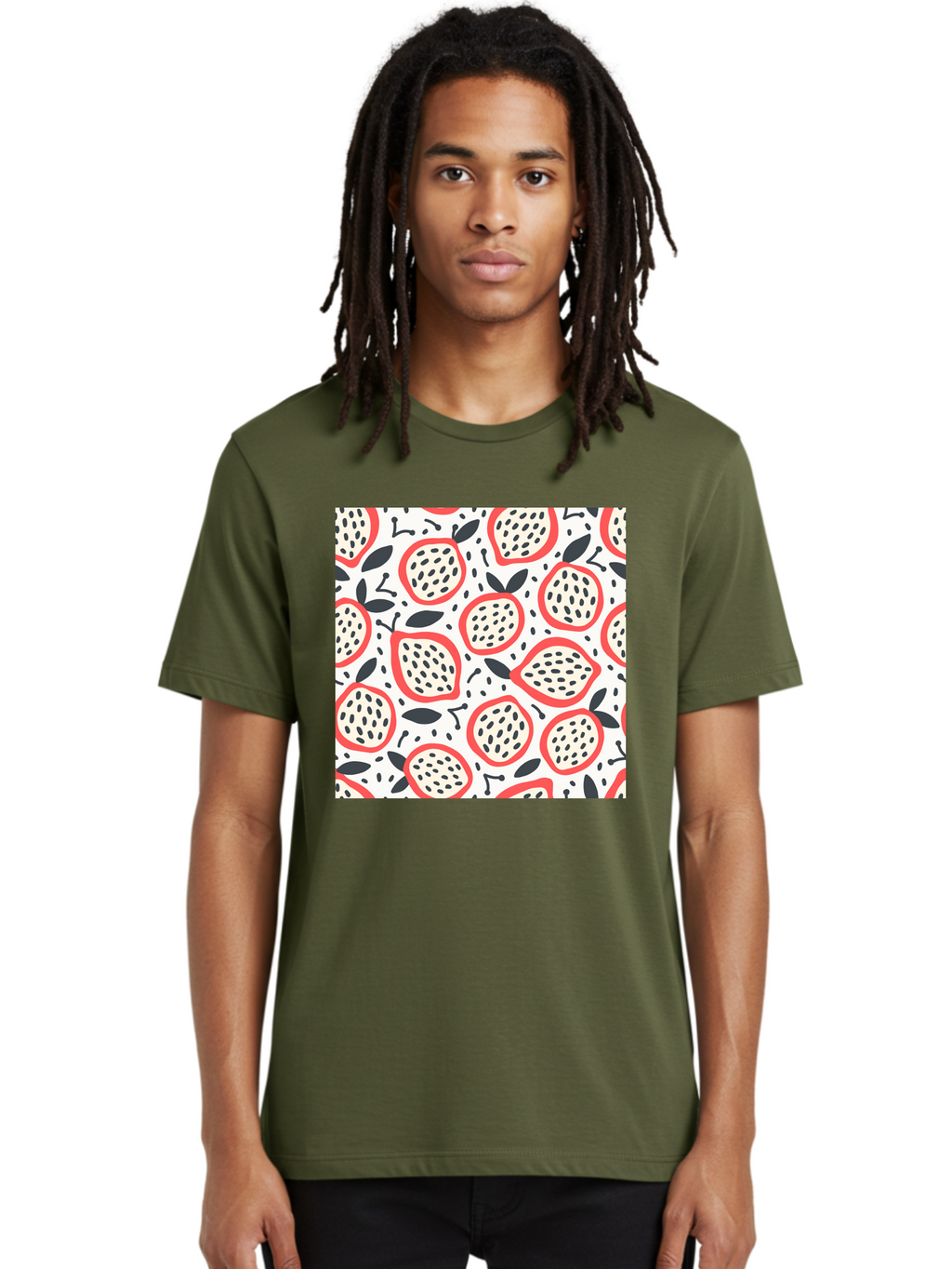 Apples-Pattern Men'S Graphic Tee, 100% Cotton, Comfortable Casual Summer Wear, Machine Washable, Lemon Pattern, Citrus Fruits, Red Outline, Black Seeds, Gray Leaves, White Background, Seamless Design, Fruit Illustration, Summery Vibe, Aab659