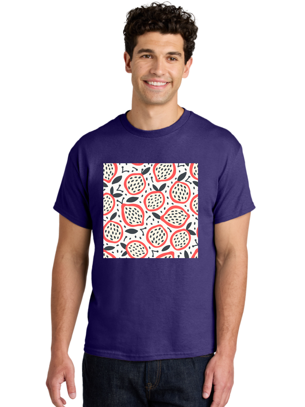 Apples-Pattern Men'S Graphic Tee, 100% Cotton, Comfortable Casual Summer Wear, Machine Washable, Lemon Pattern, Citrus Fruits, Red Outline, Black Seeds, Gray Leaves, White Background, Seamless Design, Fruit Illustration, Summery Vibe, Aab659