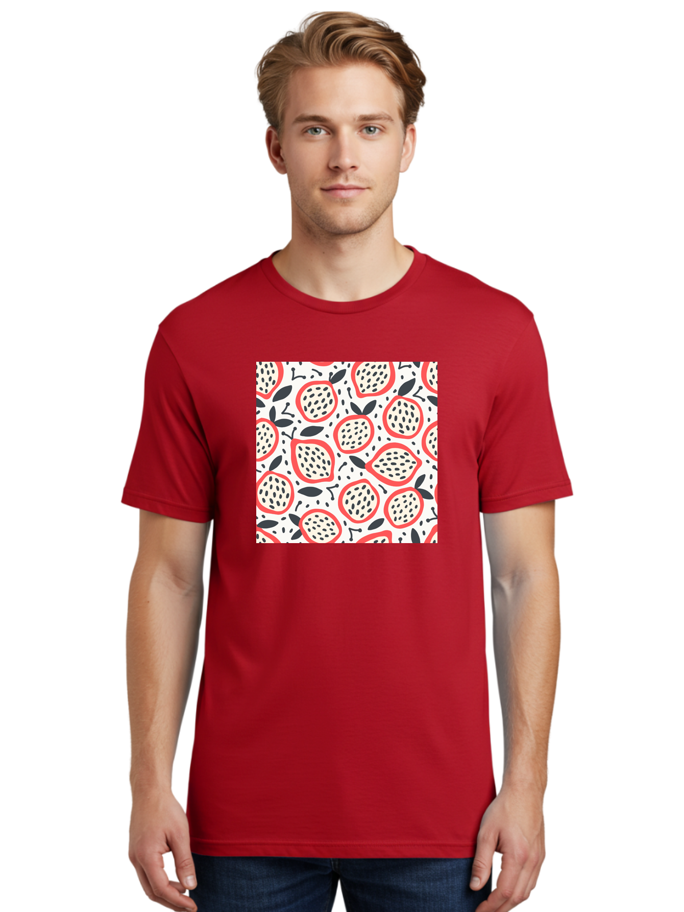 Apples-Pattern Men'S Graphic Tee, 100% Cotton, Comfortable Casual Summer Wear, Machine Washable, Lemon Pattern, Citrus Fruits, Red Outline, Black Seeds, Gray Leaves, White Background, Seamless Design, Fruit Illustration, Summery Vibe, Aab659