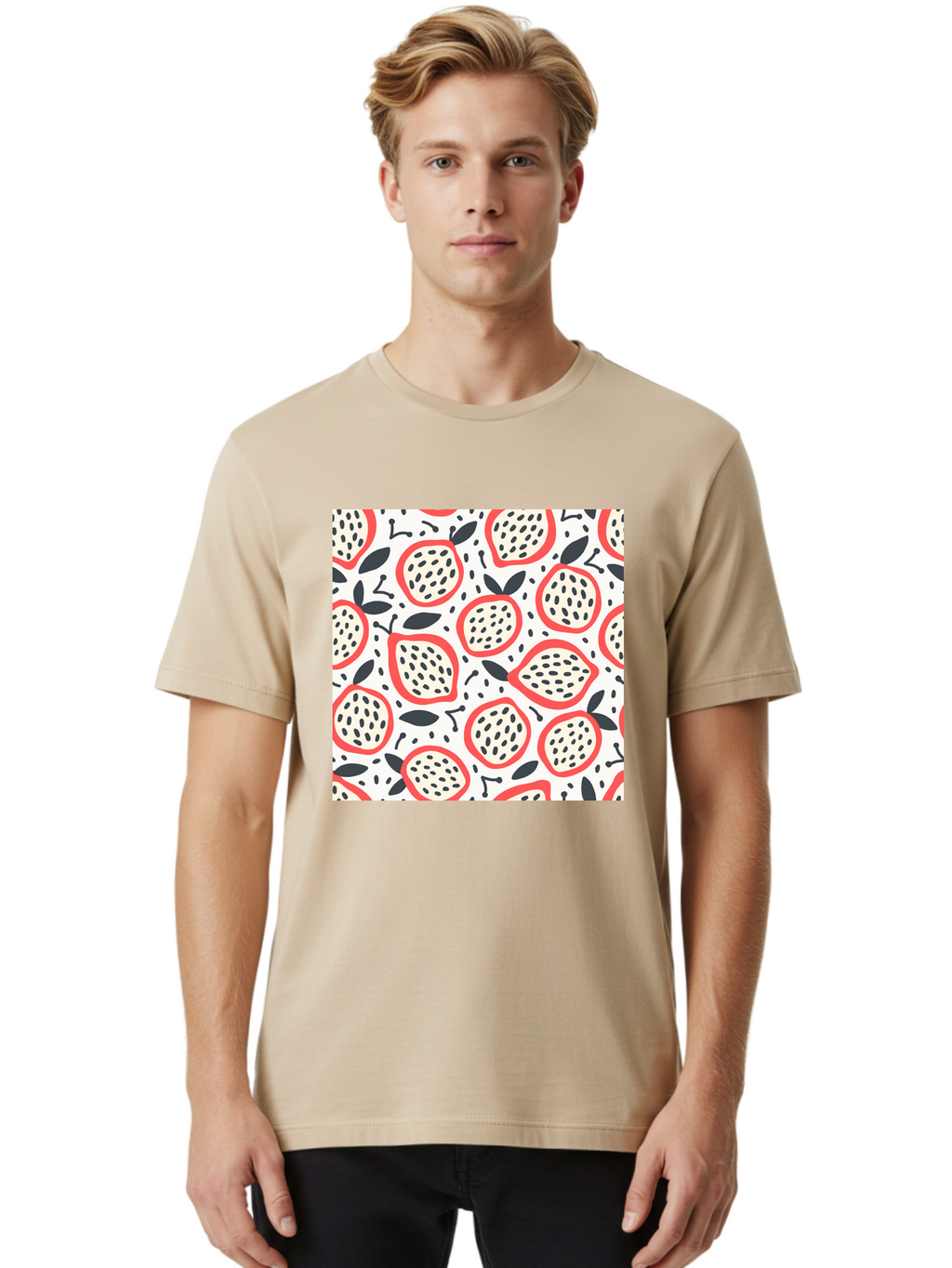 Apples-Pattern Men'S Graphic Tee, 100% Cotton, Comfortable Casual Summer Wear, Machine Washable, Lemon Pattern, Citrus Fruits, Red Outline, Black Seeds, Gray Leaves, White Background, Seamless Design, Fruit Illustration, Summery Vibe, Aab659