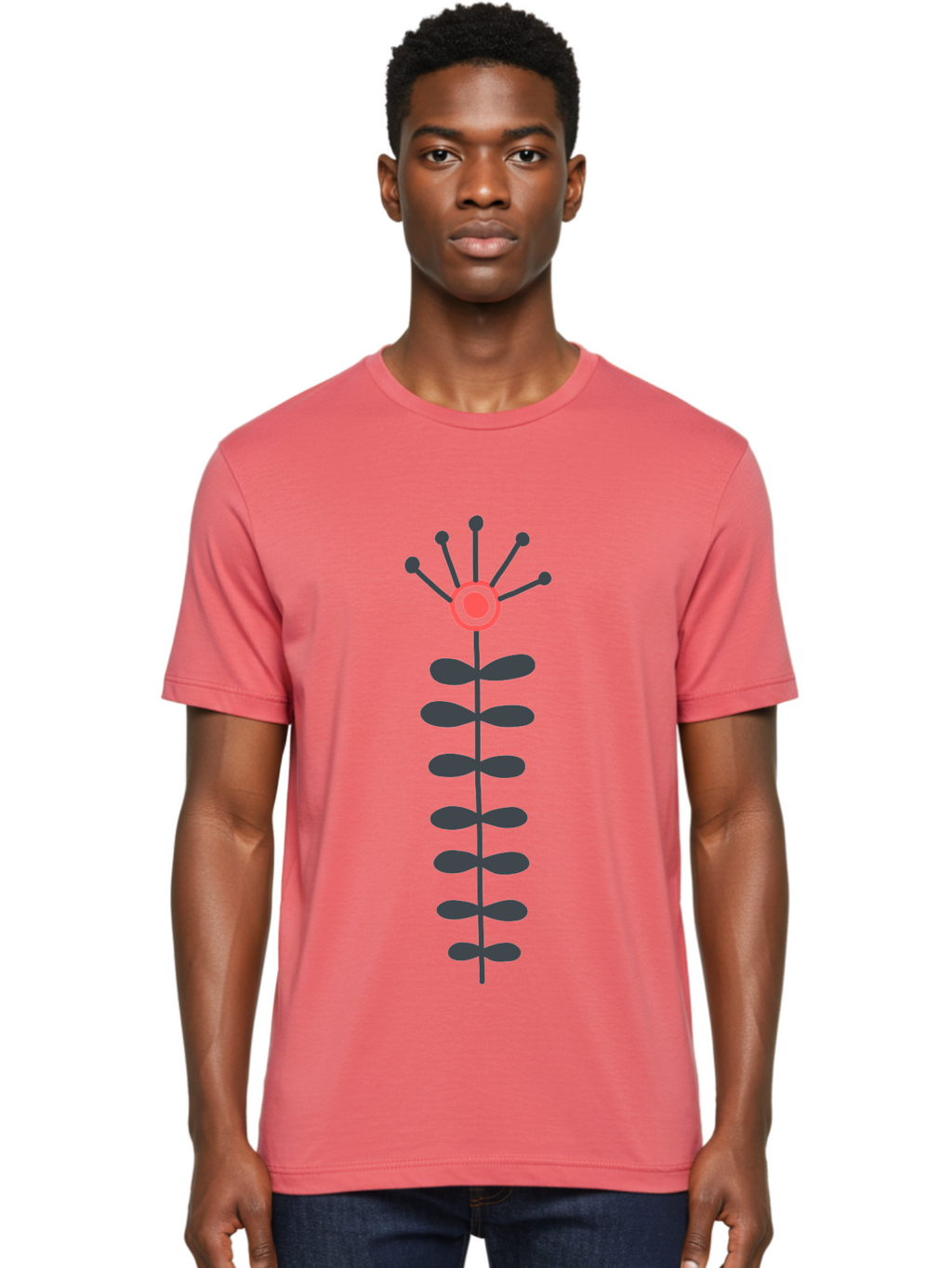 Atom Men'S Graphic Tee, 100% Cotton, Comfortable Casual Summer Wear, Machine Washable, Minimalist Flower Design, Simple Icon, Floral Symbol, Modern Graphic, Grey Petals, Pink Center Aab660