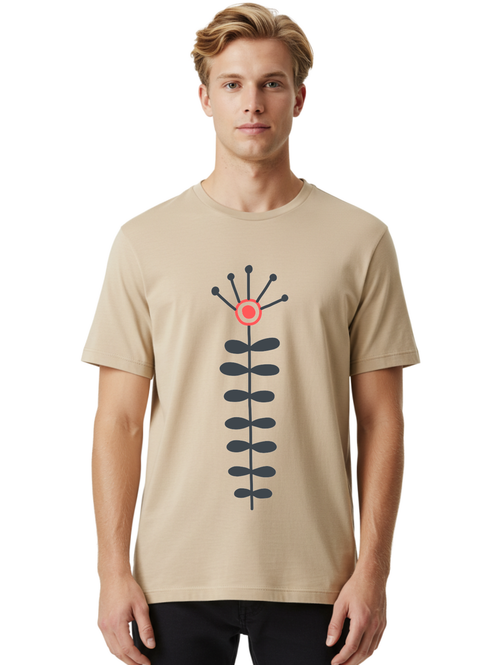 Atom Men'S Graphic Tee, 100% Cotton, Comfortable Casual Summer Wear, Machine Washable, Minimalist Flower Design, Simple Icon, Floral Symbol, Modern Graphic, Grey Petals, Pink Center Aab660