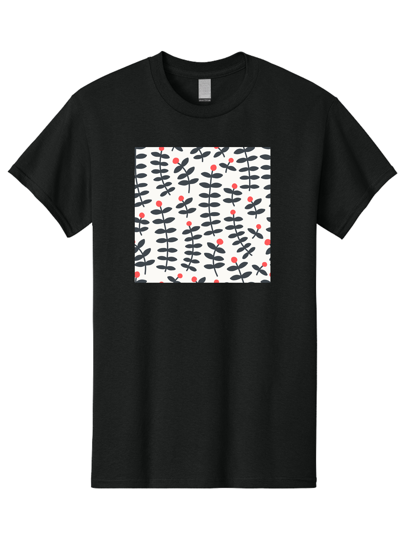 Berry-Pattern Men'S Graphic Tee, 100% Cotton, Comfortable Casual Summer Wear, Machine Washable, Berry Sprigs Pattern, Repeating Floral Design, Red Berries, Black Leaves, Minimalist Botanical, Folk Art Style, Whimsical Decoration, Aab661