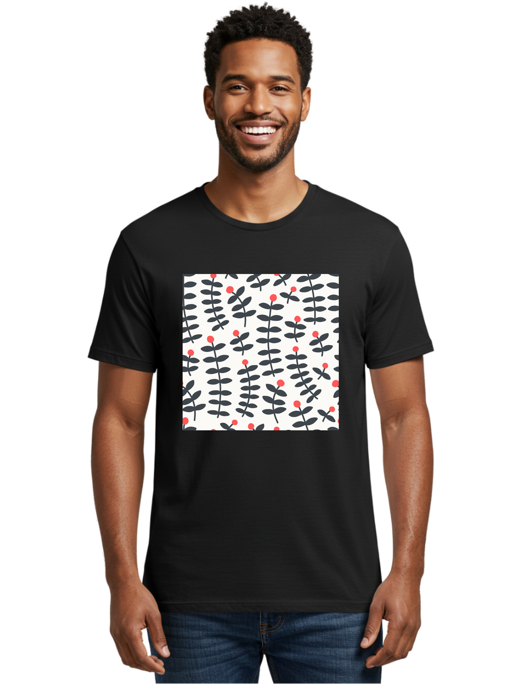 Berry-Pattern Men'S Graphic Tee, 100% Cotton, Comfortable Casual Summer Wear, Machine Washable, Berry Sprigs Pattern, Repeating Floral Design, Red Berries, Black Leaves, Minimalist Botanical, Folk Art Style, Whimsical Decoration, Aab661