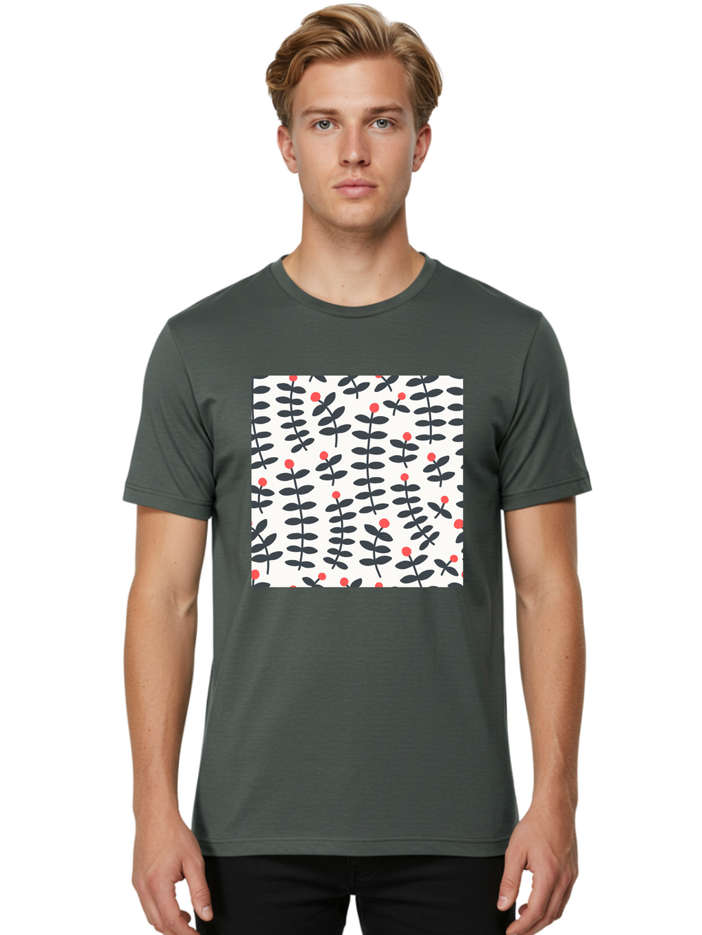 Berry-Pattern Men'S Graphic Tee, 100% Cotton, Comfortable Casual Summer Wear, Machine Washable, Berry Sprigs Pattern, Repeating Floral Design, Red Berries, Black Leaves, Minimalist Botanical, Folk Art Style, Whimsical Decoration, Aab661