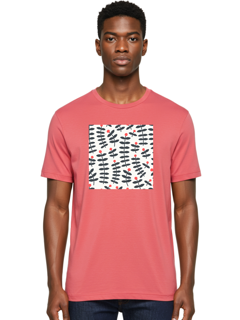 Berry-Pattern Men'S Graphic Tee, 100% Cotton, Comfortable Casual Summer Wear, Machine Washable, Berry Sprigs Pattern, Repeating Floral Design, Red Berries, Black Leaves, Minimalist Botanical, Folk Art Style, Whimsical Decoration, Aab661
