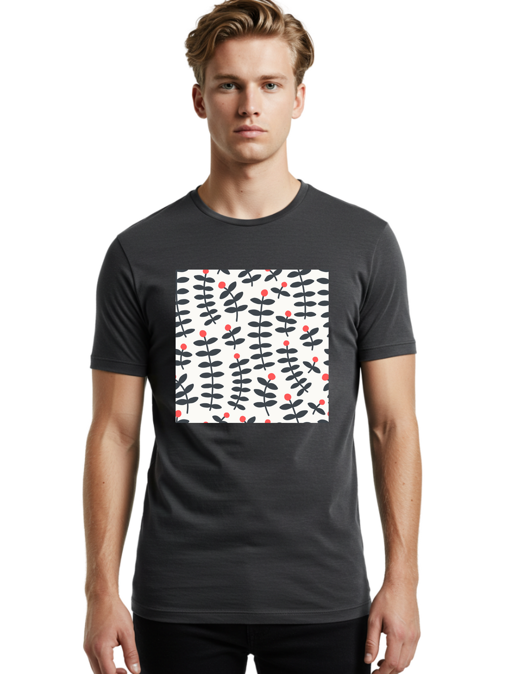Berry-Pattern Men'S Graphic Tee, 100% Cotton, Comfortable Casual Summer Wear, Machine Washable, Berry Sprigs Pattern, Repeating Floral Design, Red Berries, Black Leaves, Minimalist Botanical, Folk Art Style, Whimsical Decoration, Aab661
