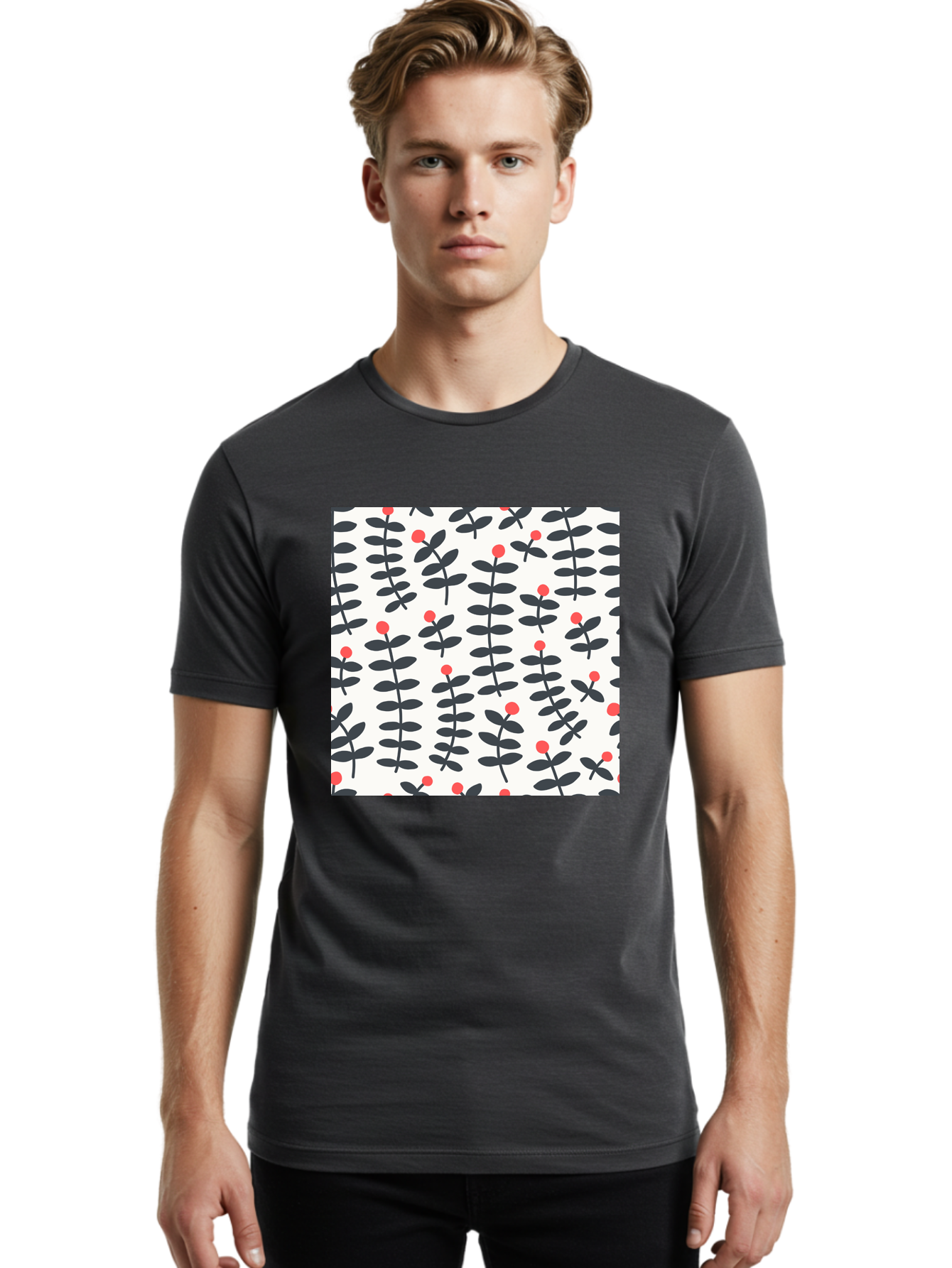 Berry-Pattern Men'S Graphic Tee, 100% Cotton, Comfortable Casual Summer Wear, Machine Washable, Berry Sprigs Pattern, Repeating Floral Design, Red Berries, Black Leaves, Minimalist Botanical, Folk Art Style, Whimsical Decoration, Aab661