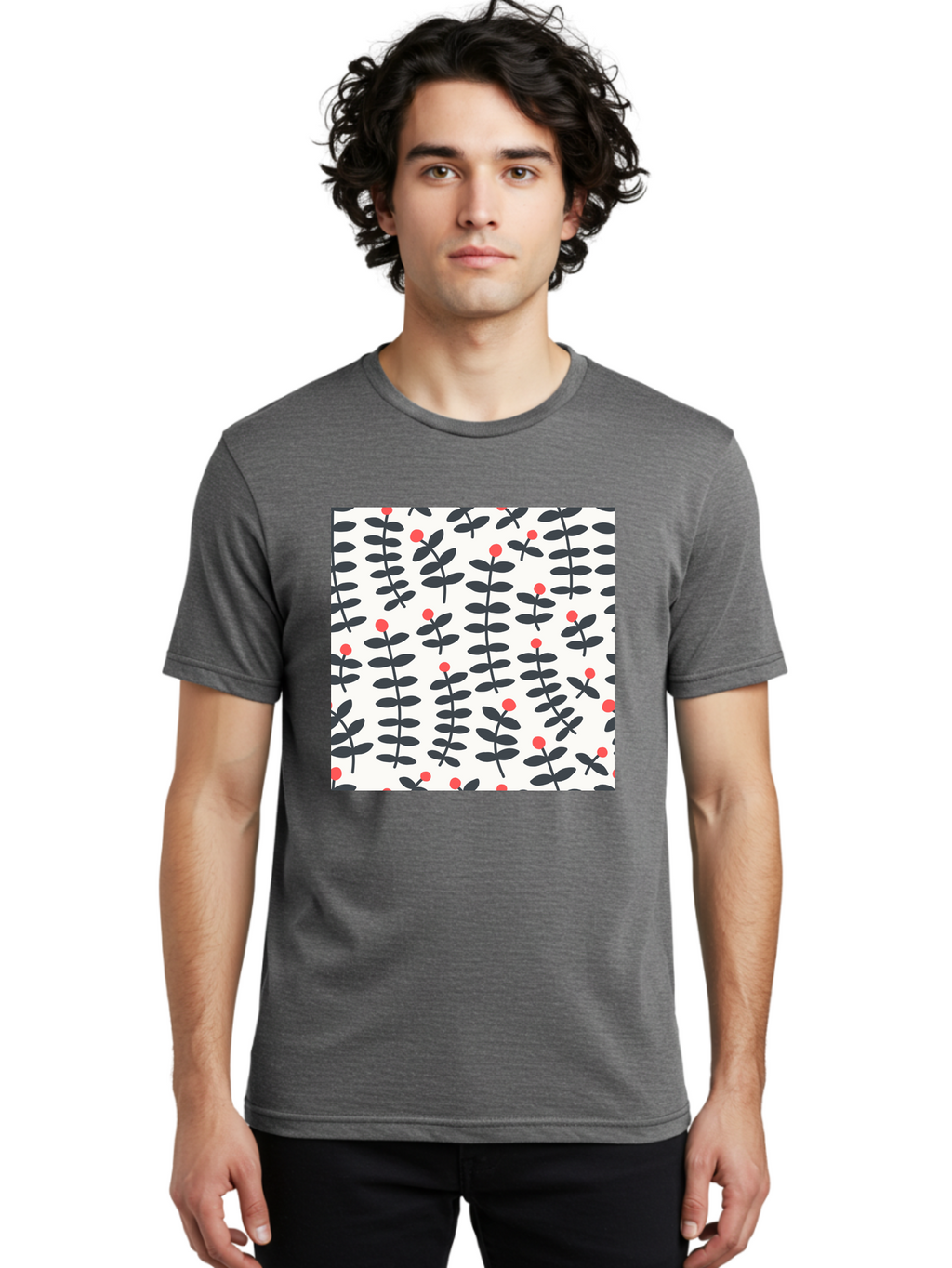 Berry-Pattern Men'S Graphic Tee, 100% Cotton, Comfortable Casual Summer Wear, Machine Washable, Berry Sprigs Pattern, Repeating Floral Design, Red Berries, Black Leaves, Minimalist Botanical, Folk Art Style, Whimsical Decoration, Aab661