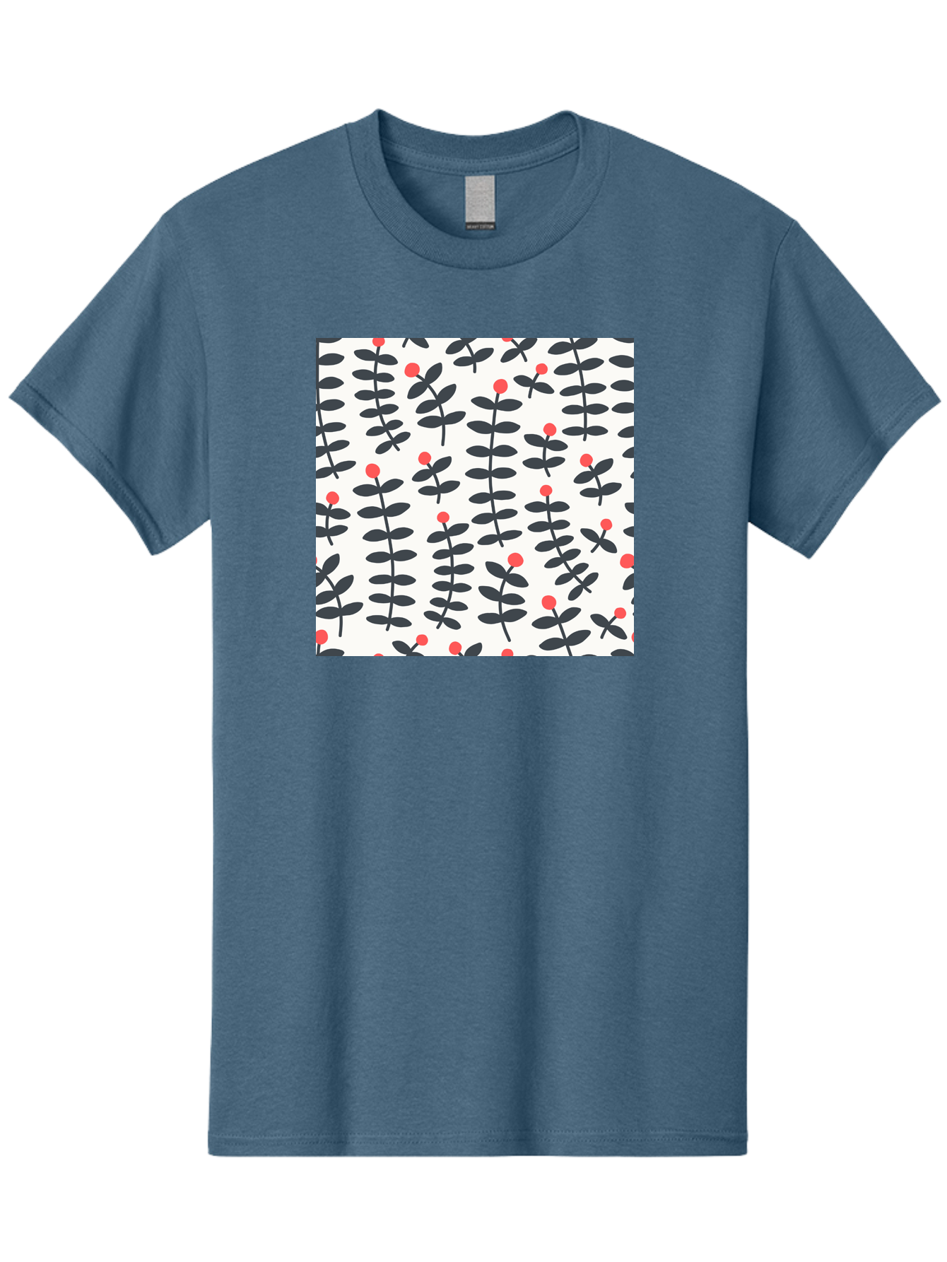 Berry-Pattern Men'S Graphic Tee, 100% Cotton, Comfortable Casual Summer Wear, Machine Washable, Berry Sprigs Pattern, Repeating Floral Design, Red Berries, Black Leaves, Minimalist Botanical, Folk Art Style, Whimsical Decoration, Aab661